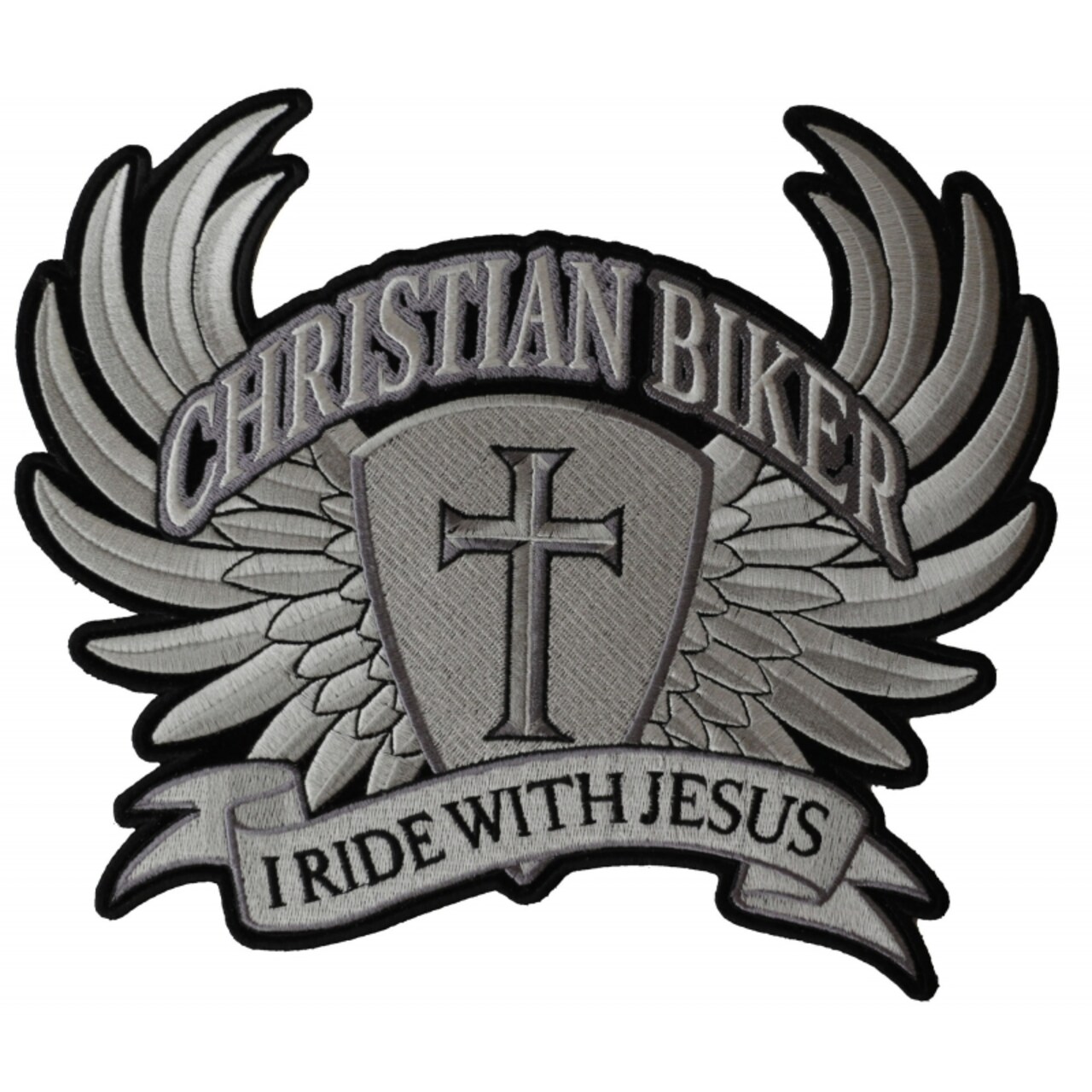 Large Back Patch, Embroidered Patch (Iron-On or Sew-On), Christian Biker I Ride With Jesus Wings Cross Large Back Patch, 10" x 8.5"
